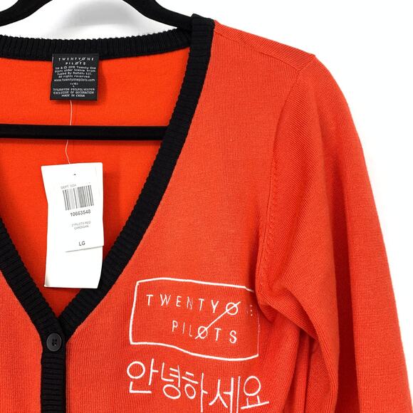 SOLD  Twenty One Pilots Red Orange Cardigan Sweater Juniors L - Picture 4 of 8
